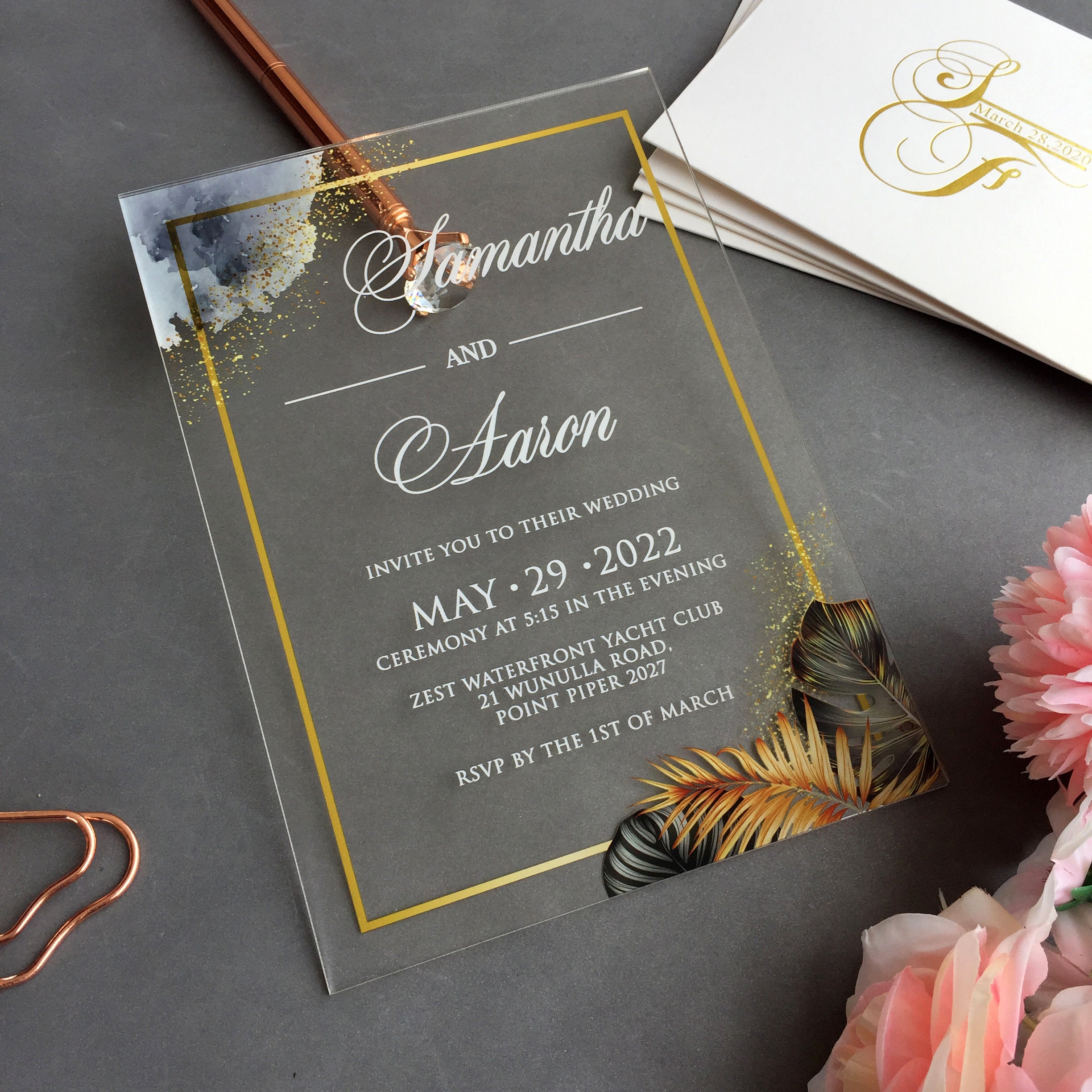 Tropical Wedding Invitation, Acrylic Invites, Hawaii Wedding, Palm Leaves,  Monstera, Tropical Bridal Shower Invitation, Gold, Black WI-A005 