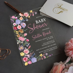 Acryl Baby Shower Uitnodiging, Wildflower Baby Shower Acryl Uitnodigen, Kleurrijke Tuin Bloemen Uitnodigen, Gender neutraal baby shower BI-045