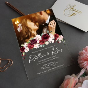Custom Photo Acrylic Wedding Invitation, Acrylic Invites,Acrylic Invitation with Picture, Eucalyptus,Peony, Rose, Blush,Pink,Navy WI-A010