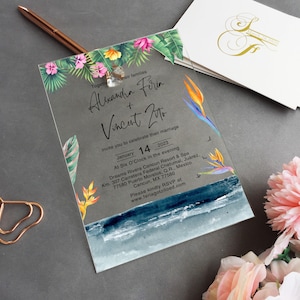 Beach Sand Acrylic Wedding Invitation, Seashell, Ocean Wedding Invitation, Paradise flower Palm Leaf Wedding, Tropical Plants-WI-A059