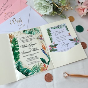 Tropische Pflanzen Acryl Hochzeitseinladung, Tropisches Blatt lädt ein, Tropische Blumen Acryl Einladung, Palmenblatt Hochzeitseinladung WI-A003