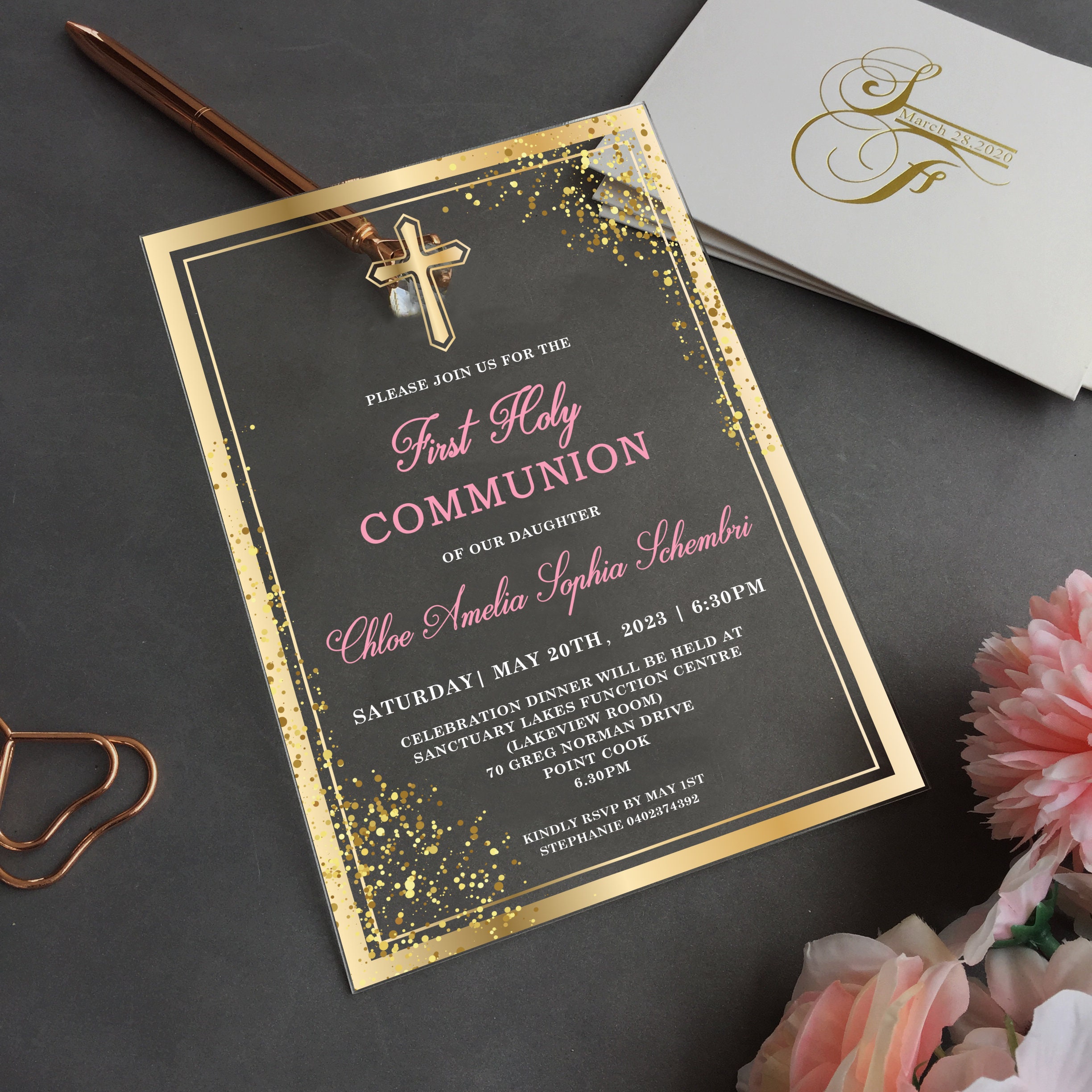 Acrylic Baptism Invitation, First Holy Communion Acrylic Invitation, Baby Shower Acrylic Invites, PInk Gold, Silver acrylic invite BC-008