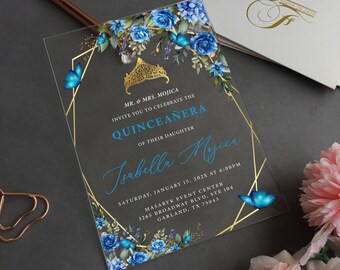 Acrylic Quinceañera Invite, Acrylic Birthday Sweet 16 Invitation, Sweet 16 invite, Quince Anos, Blue flower Eucalyptus Greenery QI-020