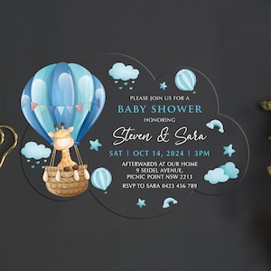 Hot air balloon Baby Shower Acrylic Invite, Baby Boy Baby Blue Baby Shower Invite, Acrylic Baptism Invite, Cloud Shape Acrylic Invite BI-065