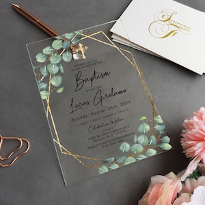 Baptism Acrylic Invitation, Greenery Hexagonal, Greenery Baptism Invite, Baby shower, Christening invite, First Holy Communion Invite BC-003