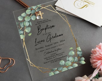 Baptism Acrylic Invitation, Greenery Hexagonal, Greenery Baptism Invite, Baby shower, Christening invite, First Holy Communion Invite BC-003