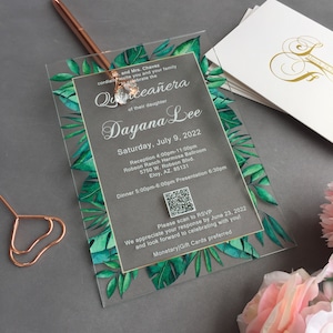 Sweet 16 Acrylic Invitation, Quinceanera Acrylic invite, Tropical Watercolor, Palm Leaves, Monstera, Floral Quinceanera  Invitation QI-016