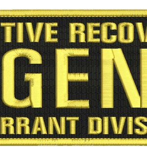 May include: Black and yellow embroidered patch with the text "Fugitive Recovery Agent Warrant Division".
