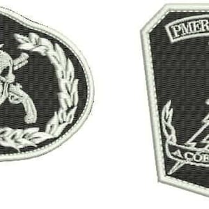 May include: Two black and white embroidered patches. The first patch features a skull with crossed pistols and a laurel wreath. The second patch features a dagger, lightning bolt, and the text "PMERJ - BOPE A COESTATICAS".