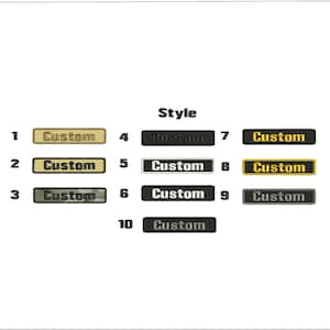 May include: Ten different styles of custom patches, each with the word "Custom" in black lettering. The patches are in various colors, including black, gold, and camouflage.