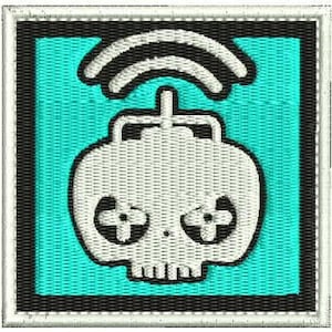 May include: Embroidered patch featuring a white skull with cross-shaped eyes and a signal symbol on top. The design is set against a teal background, framed by a black border and a white stitched edge. This patch is suitable for jackets, bags, or other fabric items.