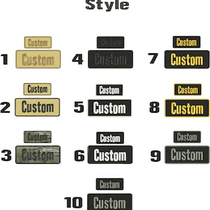 May include: Ten different styles of custom embroidered patches. The patches are rectangular and feature the word "Custom" in black text on a variety of coloured backgrounds, including black, white, yellow, and camouflage.