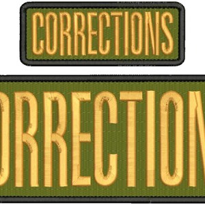 May include: Two embroidered patches with the word "CORRECTIONS" in gold lettering on a green background. The top patch is smaller and the bottom patch is larger.