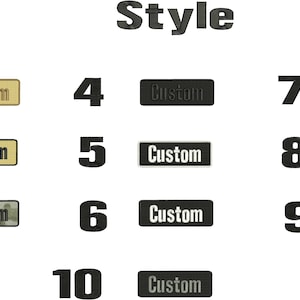 May include: Ten different styles of patches with the word "Custom" on them. The patches are in various colors and patterns, including black, gray, yellow, and camouflage.