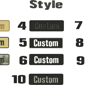 May include: Ten different styles of custom patches, each with a different color and background. The patches are rectangular and have the word "Custom" printed on them.