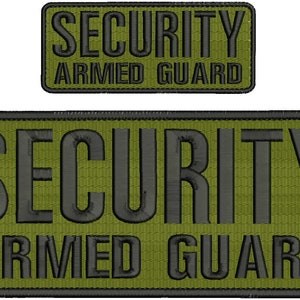 May include: Two green and black embroidered patches with the text "SECURITY ARMED GUARD".