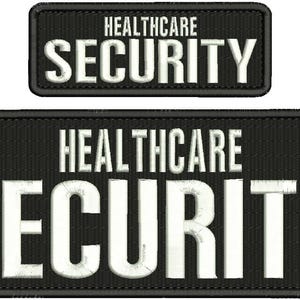 May include: Two black patches with white embroidered text. The top patch reads "HEALTHCARE" over "SECURITY." The larger bottom patch repeats the same text. Both patches have a textured appearance.