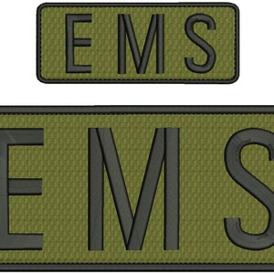 May include: Two black and green embroidered patches with the word "EMS" in white lettering.