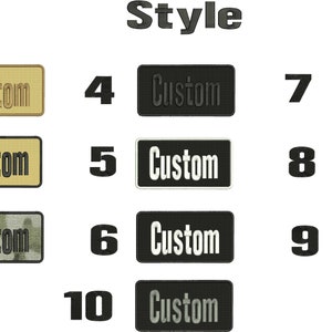May include: Ten different styles of embroidered patches with the word "Custom" in black text on various colored backgrounds. The patches are numbered 1 through 10.
