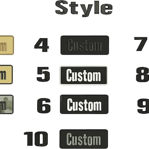 May include: Ten different styles of embroidered patches, each with the word "Custom" in black text on a different coloured background. The patches are numbered 1 through 10.