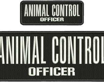 Naszywka z haftem „Funkcjonariusz ds. kontroli zwierząt” 10x4 i 5x2 cale, z podszewką z szydełka, białe litery, z czarnym materiałem i obramowaniem
