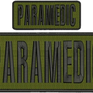 May include: Two green and black embroidered patches with the word "PARAMEDIC" in black lettering.