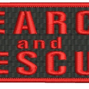 May include: Red embroidered patch with the text "SEARCH and RESCUE" on a black background.