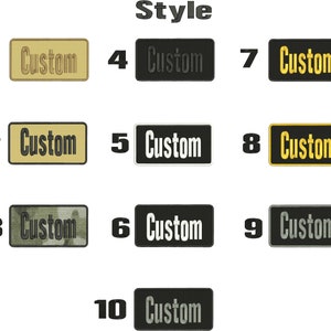 May include: Ten different styles of custom patches, each with the word "Custom" in black text on a different colored background. The patches are numbered 1 through 10.