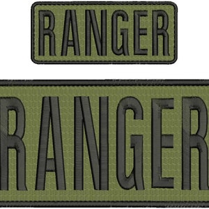 May include: Two green and black embroidered patches with the word "RANGER" in black lettering.