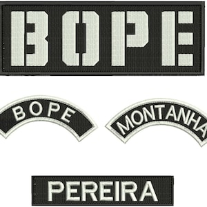 Caveira: BOPE, Montanha, and Pereira Embroidery Patch 3x9,1.2x4, 1.2x5, and 1.2x6 inches Hook backing white letters Square Corners
