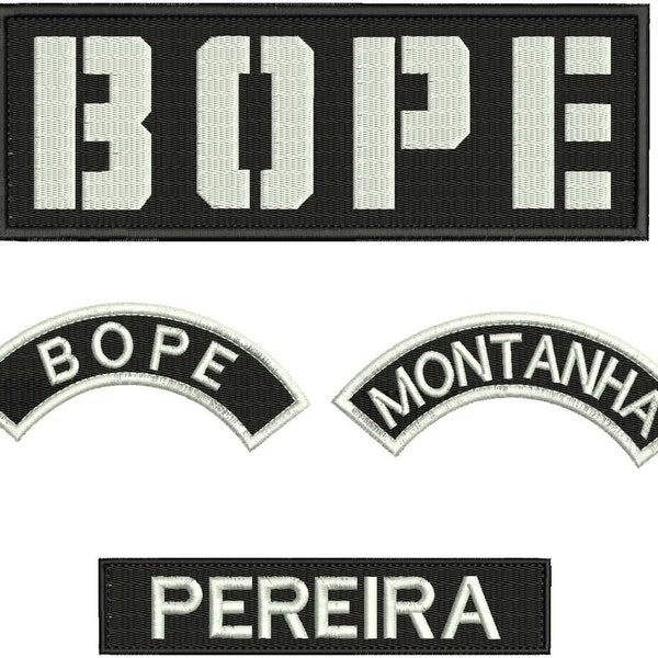 Caveira: BOPE, Montanha, and Pereira Embroidery Patch 3x9,1.2x4, 1.2x5, and 1.2x6 inches Hook backing white letters Square Corners