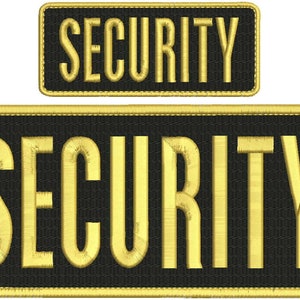 May include: Two black fabric patches with gold embroidered text that reads "SECURITY". The top patch is smaller than the bottom patch.