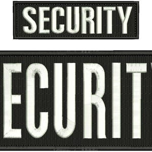 May include: Two black embroidered patches with the word "SECURITY" in white block letters. The larger patch is rectangular, while the smaller one is a rectangle.
