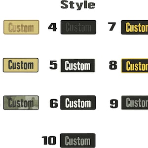 May include: Ten rectangular patches embroidered with the word "Custom". The patches are in various colours, including tan, black, and olive green, with different border and text colours.