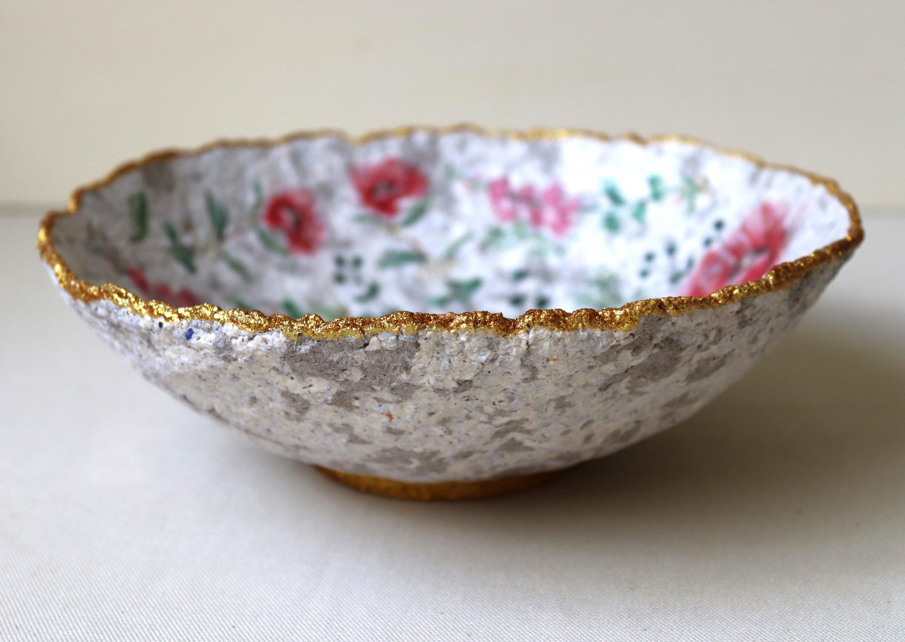 A Beautiful Paper Mache Bowl With Decoupage of Red Flowers. Recycled ...