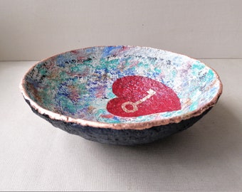 Valentine's Day gift. Paper mache bowl with heart and key. Present for wife or girlfriend. Recycled papier jewelry plate with bronze rim.