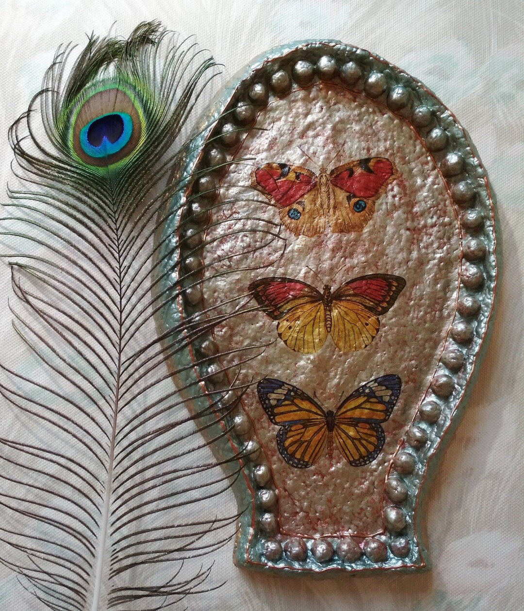 Handmade Paper Mache Plate With Butterfly Decoupage Unique Home Accents Centerpieces Cute Art