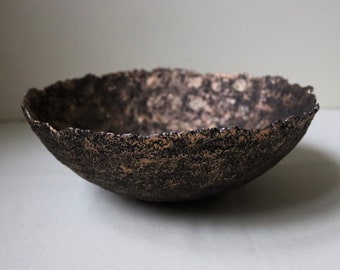 Bronze paper mache bowl. Primitive style dark bronze recycled papier vessel. Unique papmache housewarming gift.