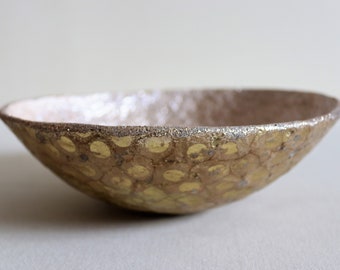 Vintage effect paper mache bowl with gold dots. Recycled papier artwork. Paper pulp jewelry dish.