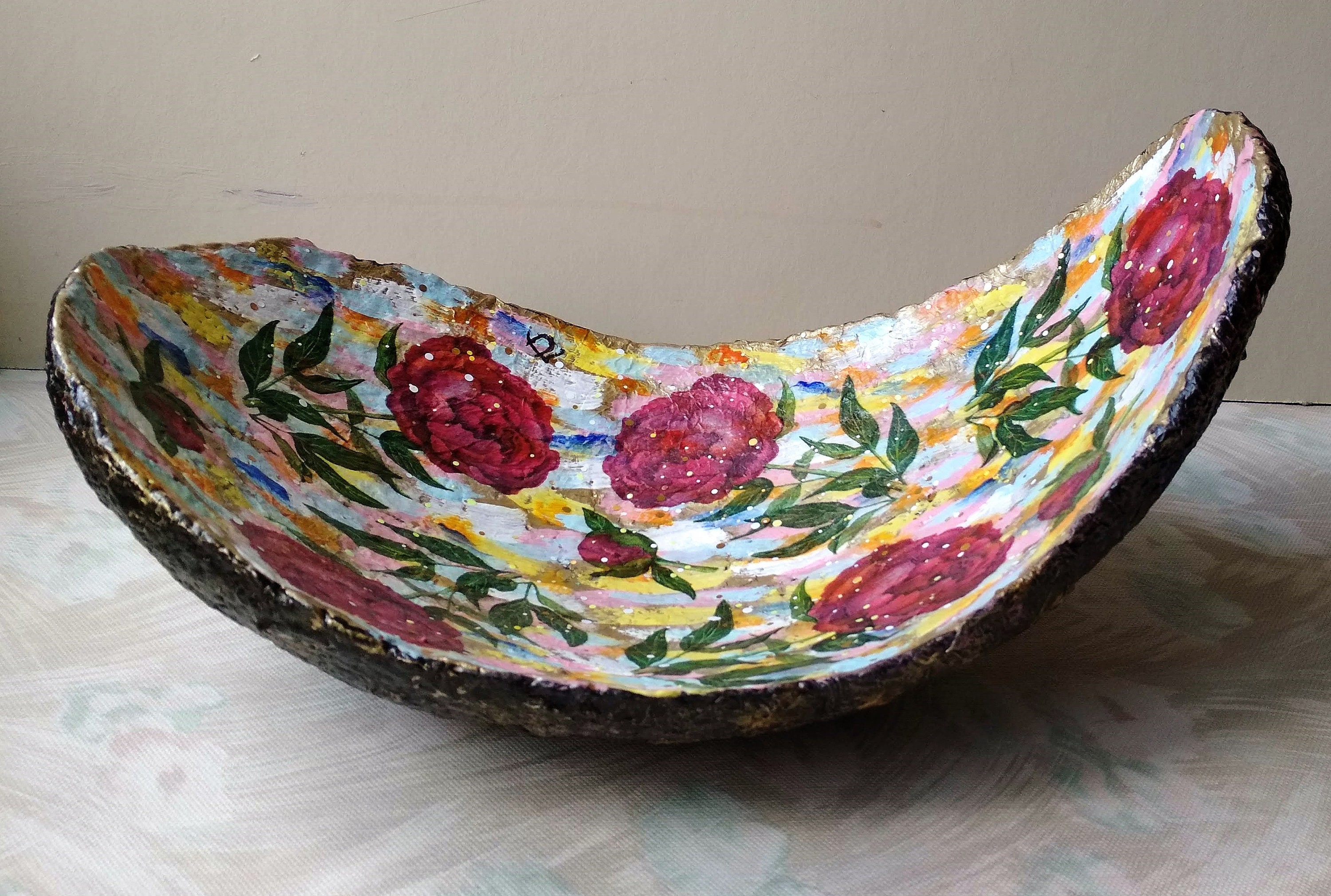 Large Oval Papier Mache Bowl With Decoupage of Peonies Bright ...