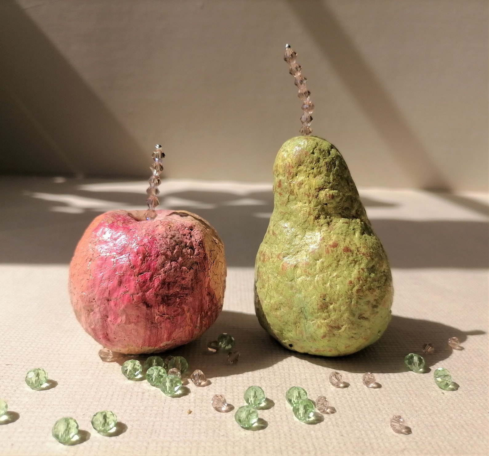 Decorative Paper Mache Apples and Pears With Crystal Stalks. Christmas