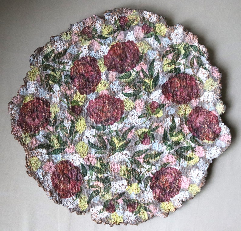 Antique style paper mache plate with peonies decoupage. Recycled papier decorative tray. Unique table centerpiece or wall decor. image 1