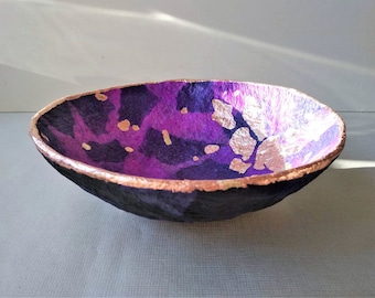 Black & purple paper pulp bowl with bronze spots. Unique paper mache decorative plate. Recycled papier contemporary artwork.