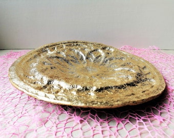 Golden irregularly shaped paper mache plate with flower relief. Decorative table accessory. Recycled paper artwork. Jewelry & Trinket dish.