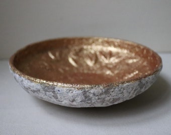 Speckled paper mache bowl with gold glitter inside. Decorative recycled papier plate. Unique papmache housewarming gift.