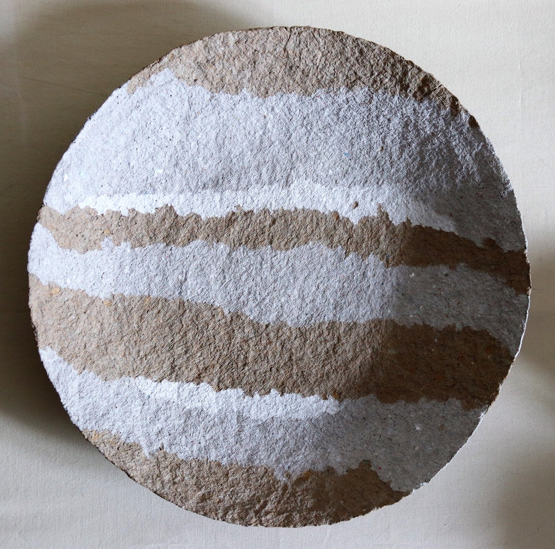 A Large Paper Mache Plate With Stripes of Different Gray and Etsy