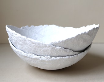 Set of three white paper mache bowls. Decorative recycled paper white painted plate. Hand made interior decor.