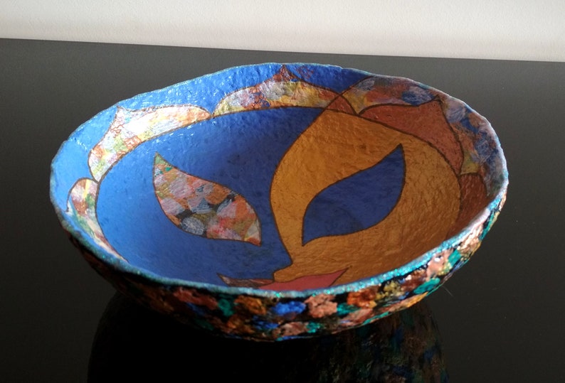 Sun and Moon, Hand Painted Paper Mache Bowl. Handmade Art Decor, Home