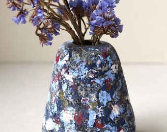 Small blue variegated paper mache vase. Decorative antique style papmache vase for dried or artificial flowers. Recycled paper pulp decor.