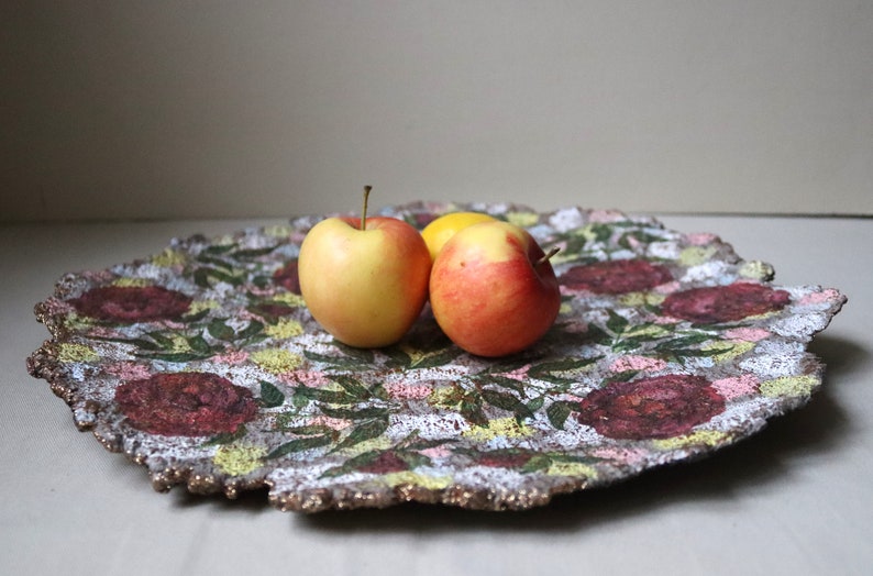 Antique style paper mache plate with peonies decoupage. Recycled papier decorative tray. Unique table centerpiece or wall decor. image 2